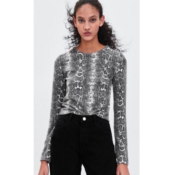 Zara Sweaters - ZARA Gray Snakeskin Cropped Long Sleeve Sweater